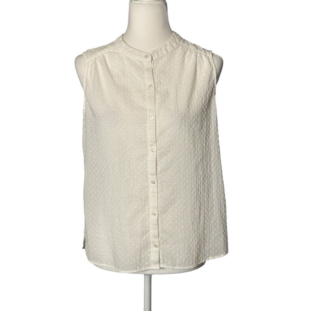 Land n’ Sea White Swiss Dot Sleeveless Button Down Shirt 100% Cotton Sz. M GUC!